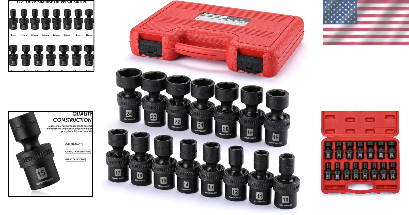15-Piece 1/2" Drive Metric Impact Socket Set - Chrome Moly Steel, Wobble Design