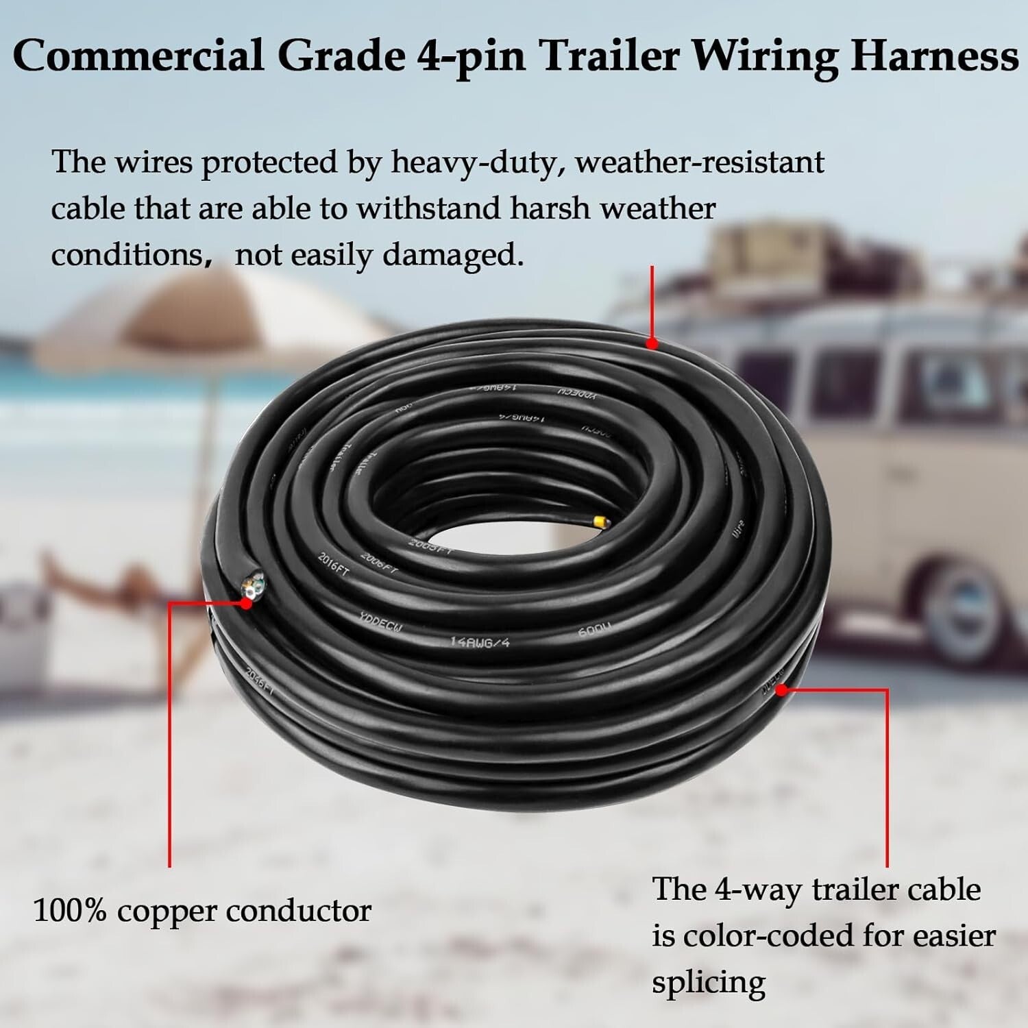 Heavy-Duty 14 Gauge 4 Conductor Copper Cable - 50FT Insulated Wiring for RVs