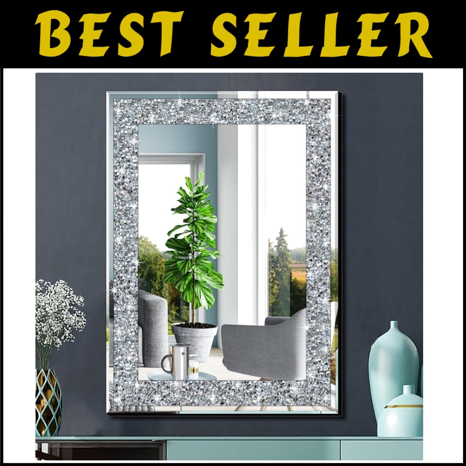 Elegantly Crafted 28x20" Silver Frameless Rectangle Mirror with Crystal Design