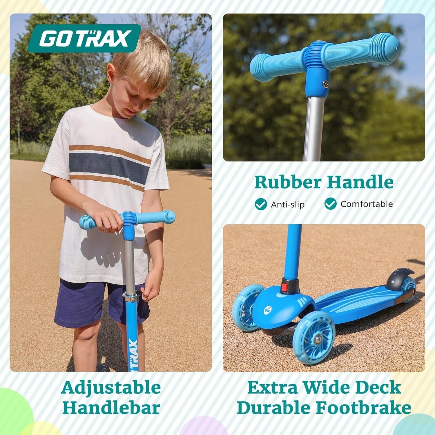 Blue Kids Kick Scooter - 3 Wheels, Adjustable Height & Rear Brake for Safety