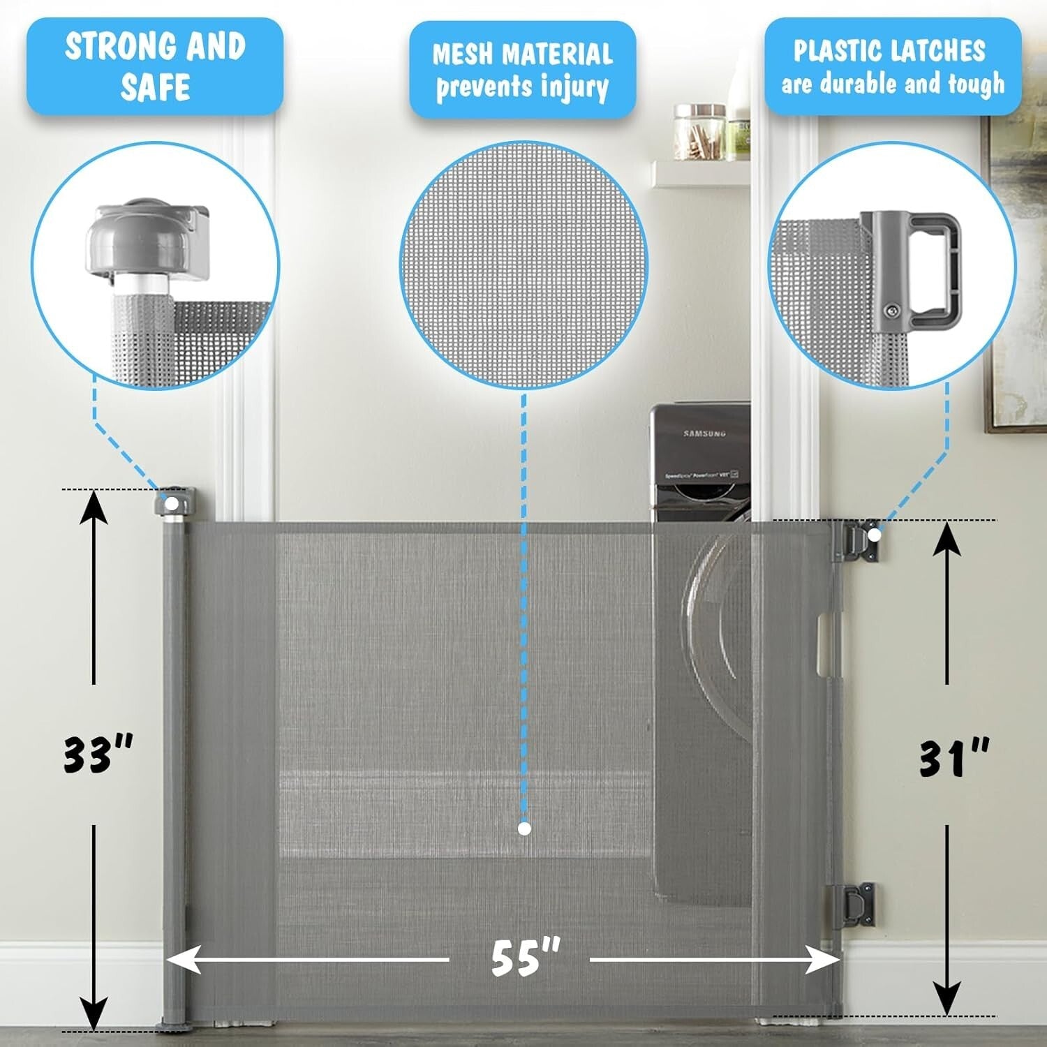 Space-Saving Retractable Mesh Gate - Ideal for Kids and Pets Indoors/Outdoors