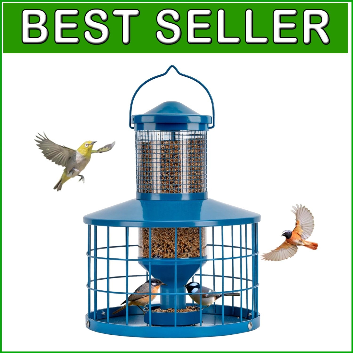 Durable Blue Hanging Bird Feeder for Finch & Bluebird - Squirrel-Proof Design