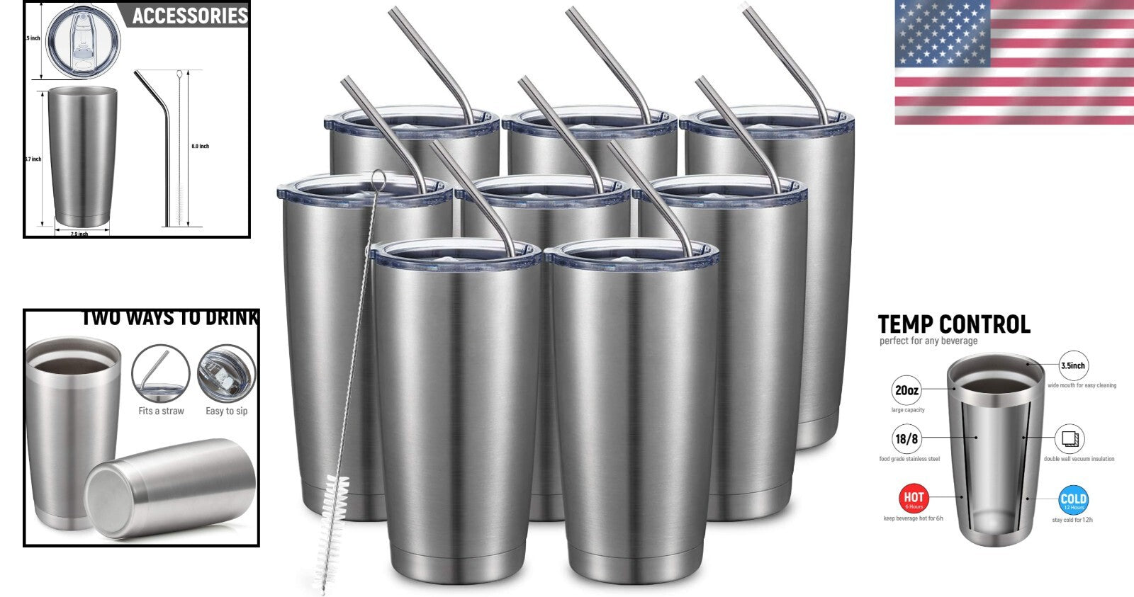 8 Pack of 20oz Insulated Stainless Steel Travel Mugs with Straws - Sleek Design