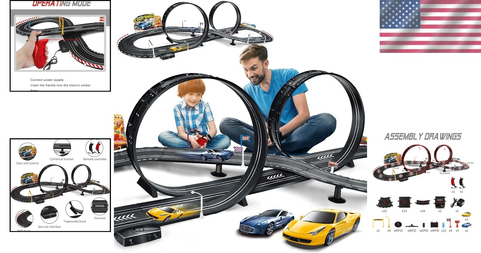 Kids Electric Slot Car Racing Set - Includes 2 Cars, Loop, and Fly-Over Track