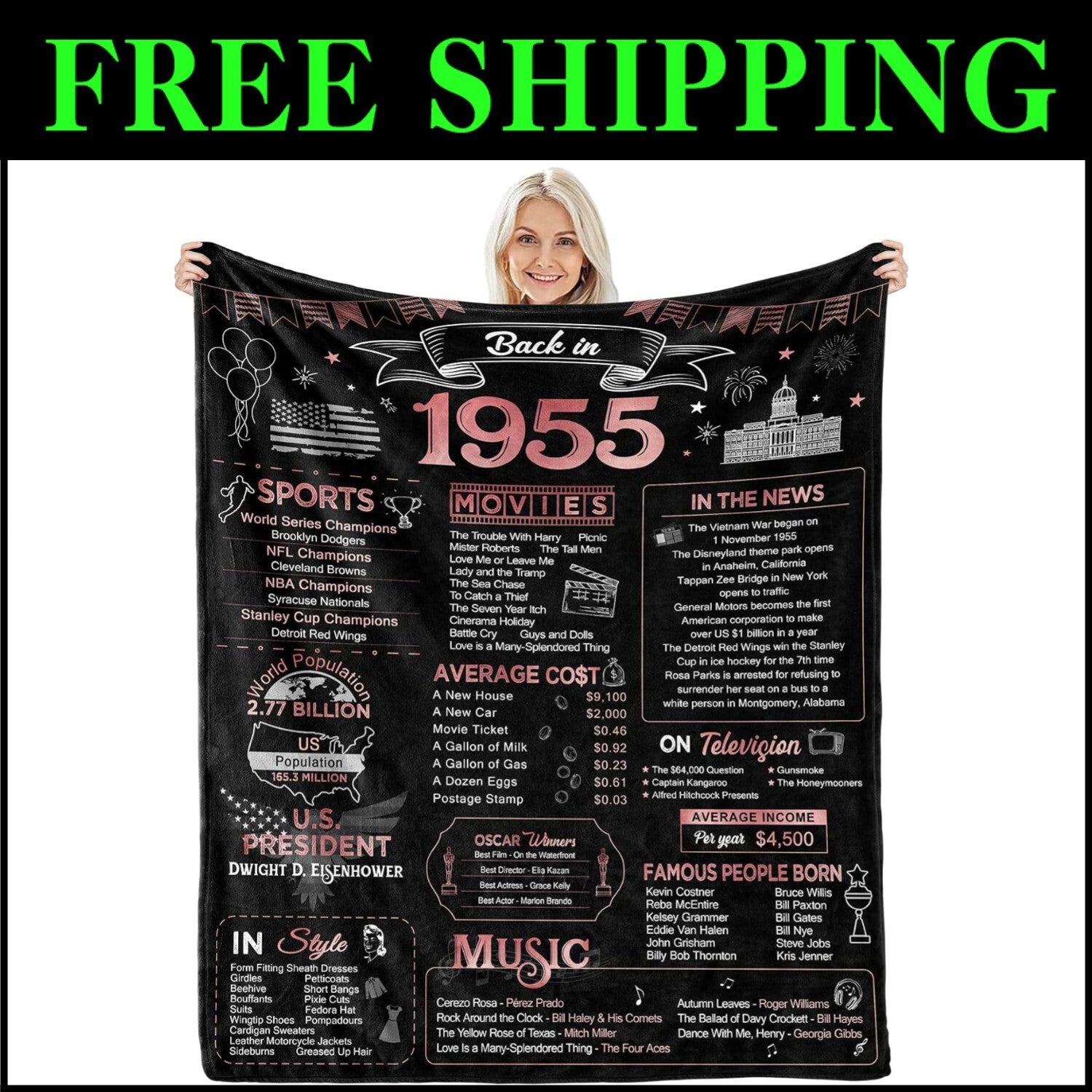 Back in 1955 Throw Blanket - Elegant 70th Birthday Gift for Women, 60x50 Size