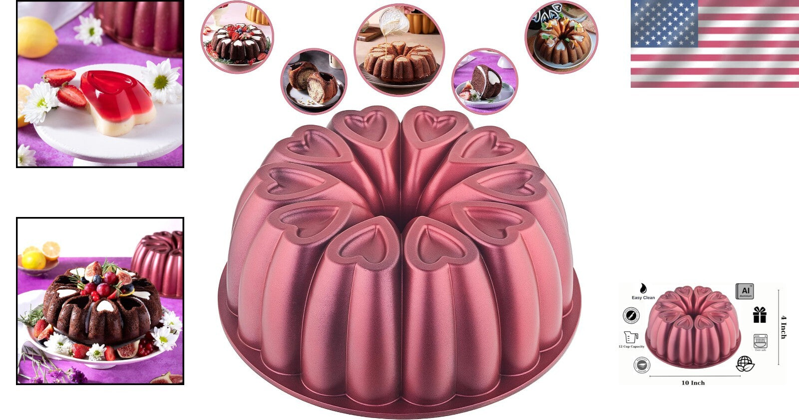 Fluted Tube Heart Cake Pan - 10 Inch Baking Mold, Easy to Clean Design