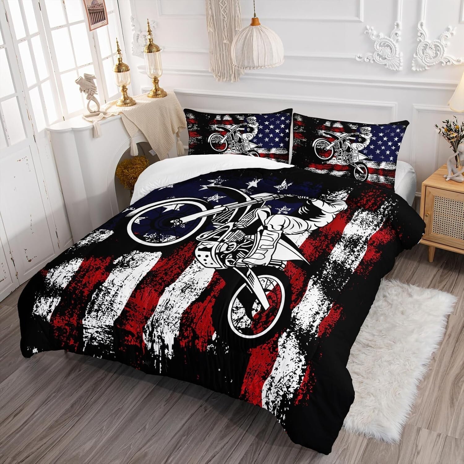 Vibrant Dirt Bike Quilt and Pillowcases Set - Perfect Bedding for Motocross Fans