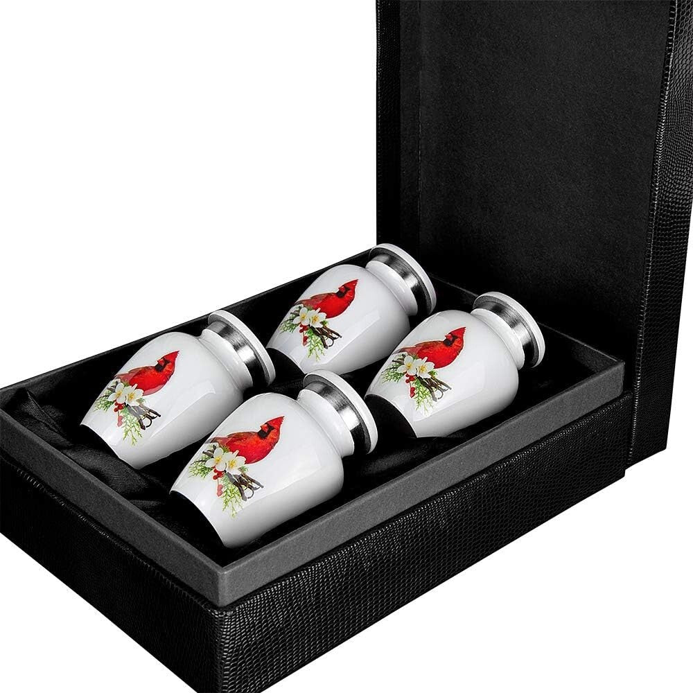 Set of 4 Mini Cremation Urns with Stunning Red Cardinal Design for Keepsakes