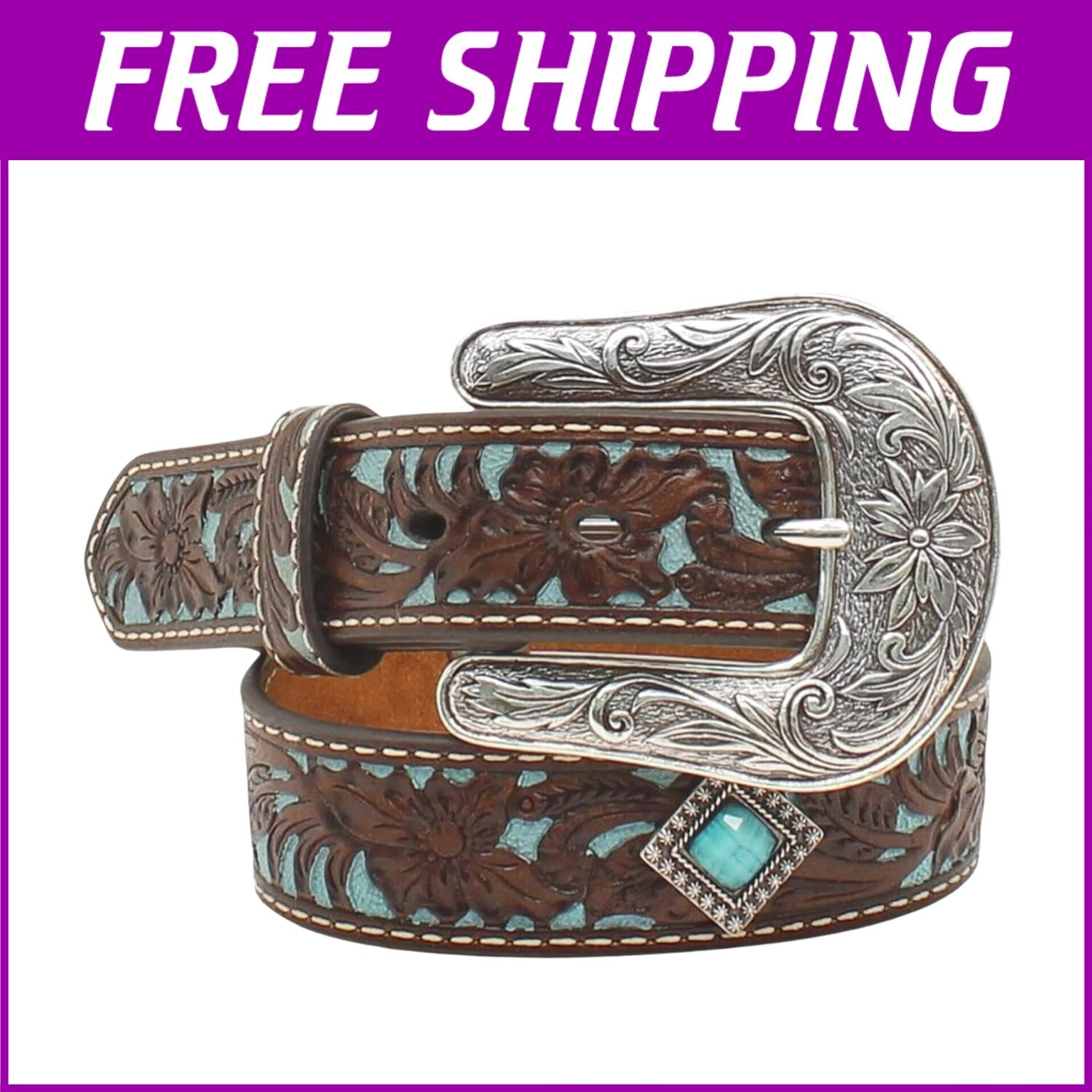 Comfortable Fit Girls' Leather Belt with Diamond Turquoise Conchos - Sizes 18-28