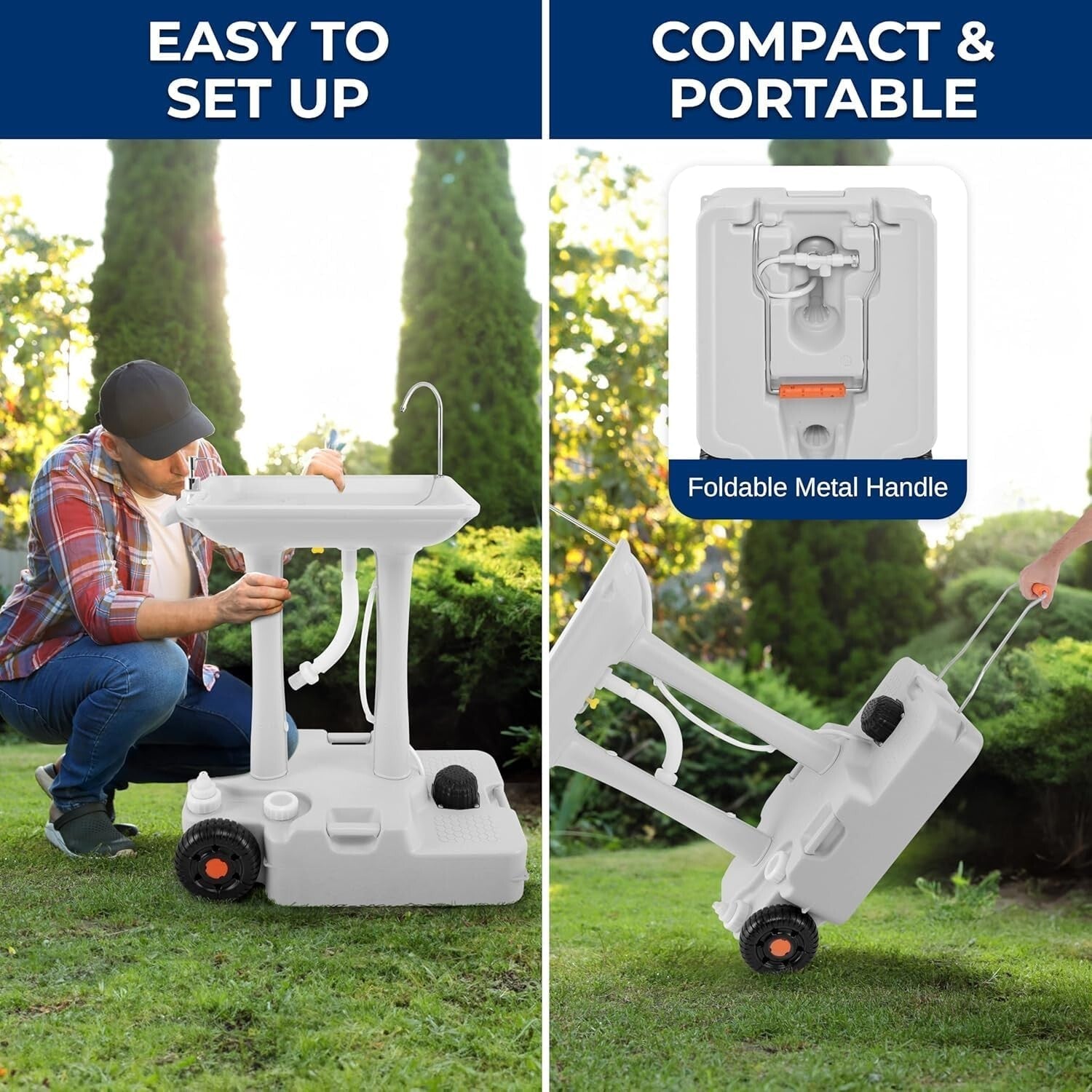 Freestanding Camping Sink with Wheels & Hands-Free Pump - Ultimate Convenience