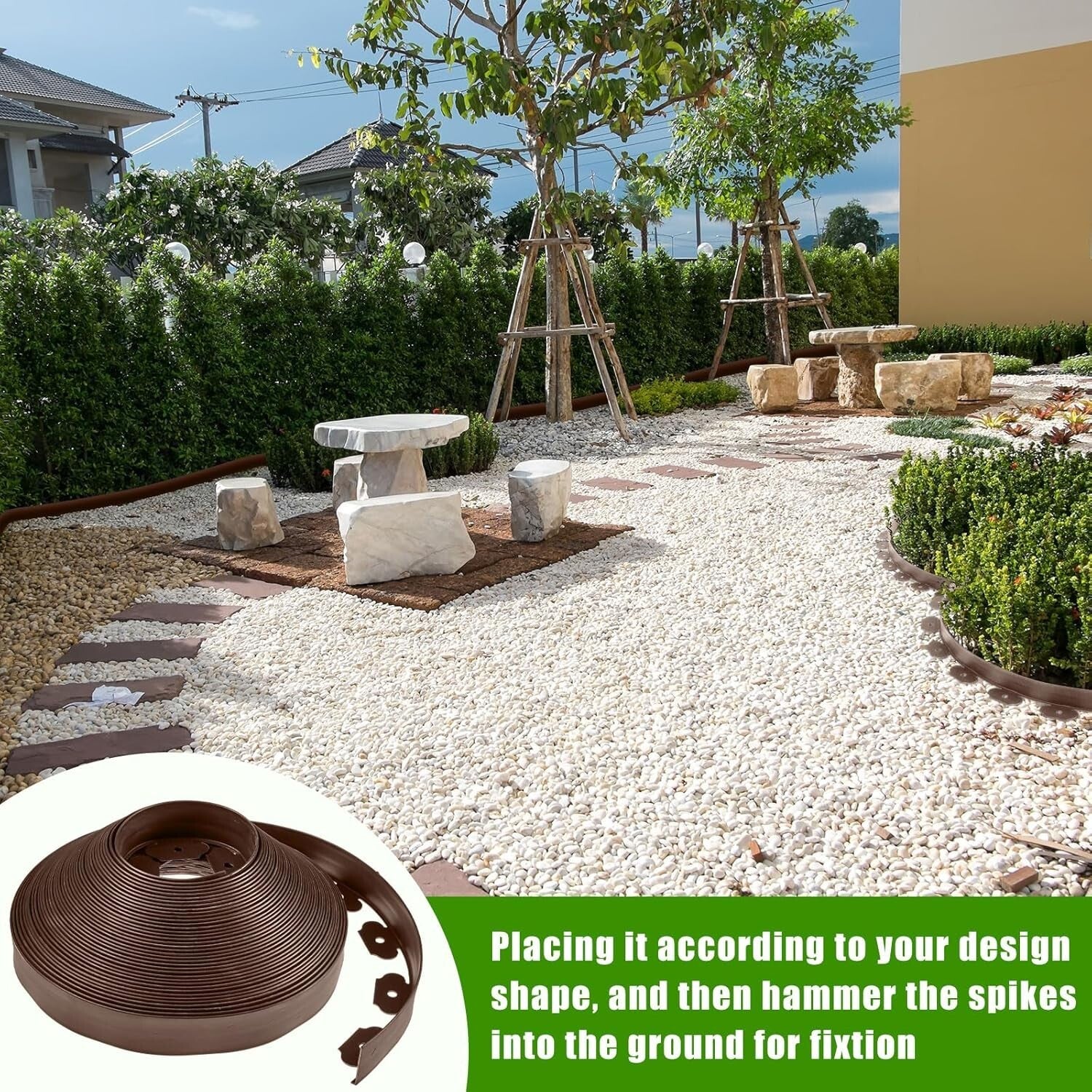 200 Feet Lawn Edging Kit with Anchoring Spikes - Stylish Brown Plastic Design