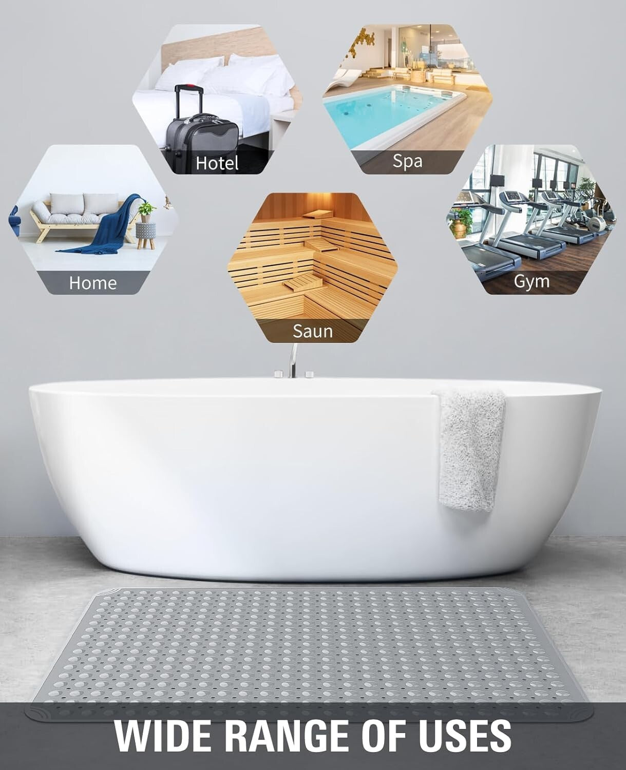 Durable Dark Grey TPE Anti-Slip Shower Mat with Suction Cups - 47.2"x31.5"