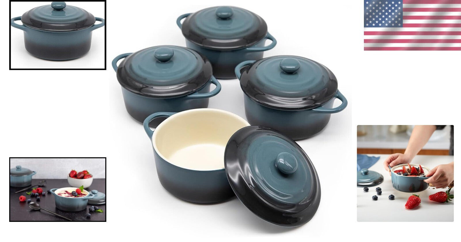 Durable Stoneware Cocotte Set - Individual 12 oz Dishes with Lids & Handles