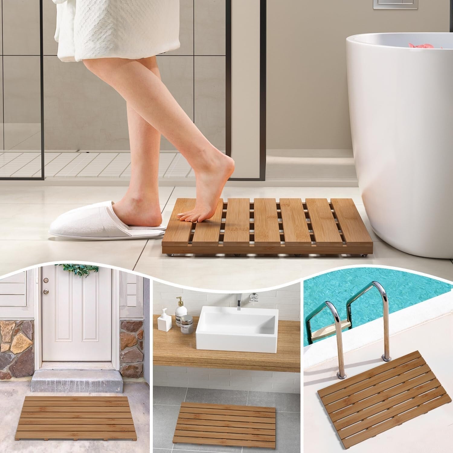 Durable Walnut Bamboo Shower Mat - Large Non-Slip Waterproof Design, 31.3 x 18.1