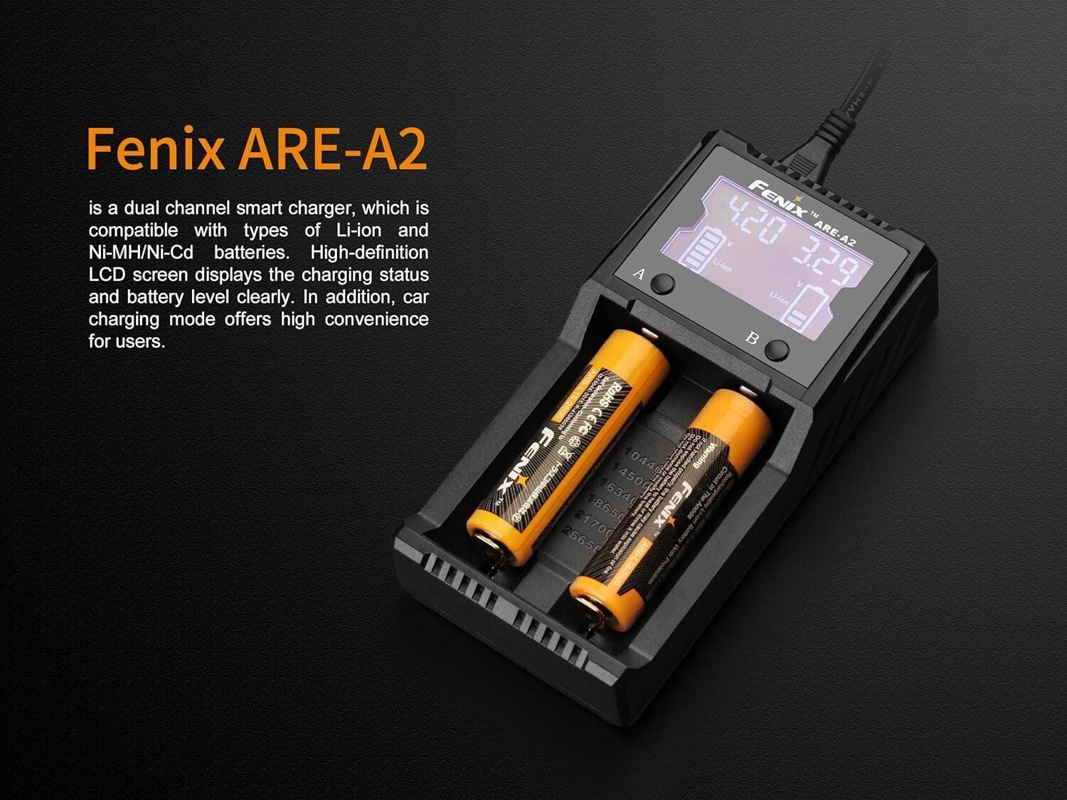 Versatile Fenix ARE-A2 Battery Charger for 21700/18650 with LCD Display and Case