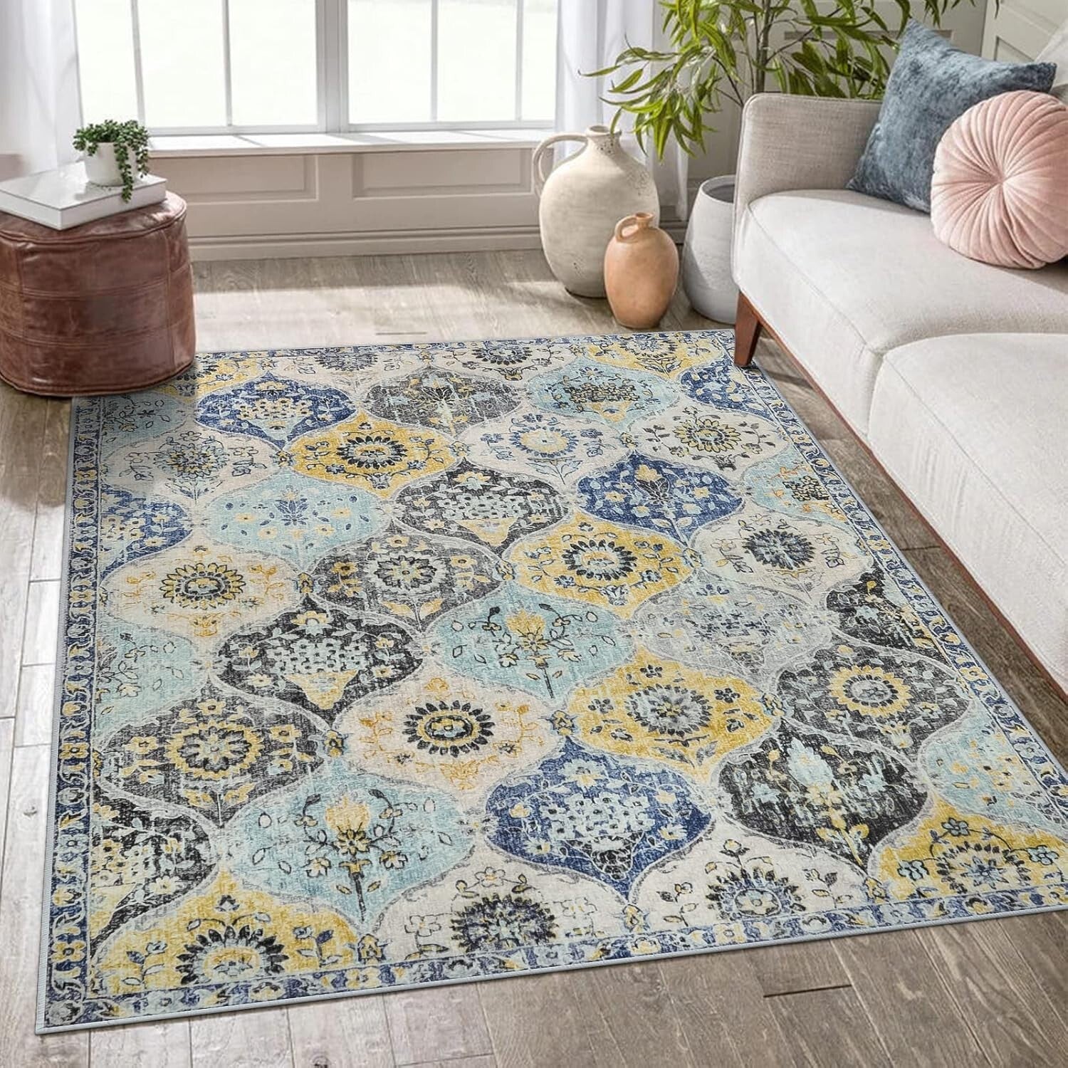 Durable 5x7 Washable Area Rug – Non-Slip Floral Pattern for High Traffic Areas