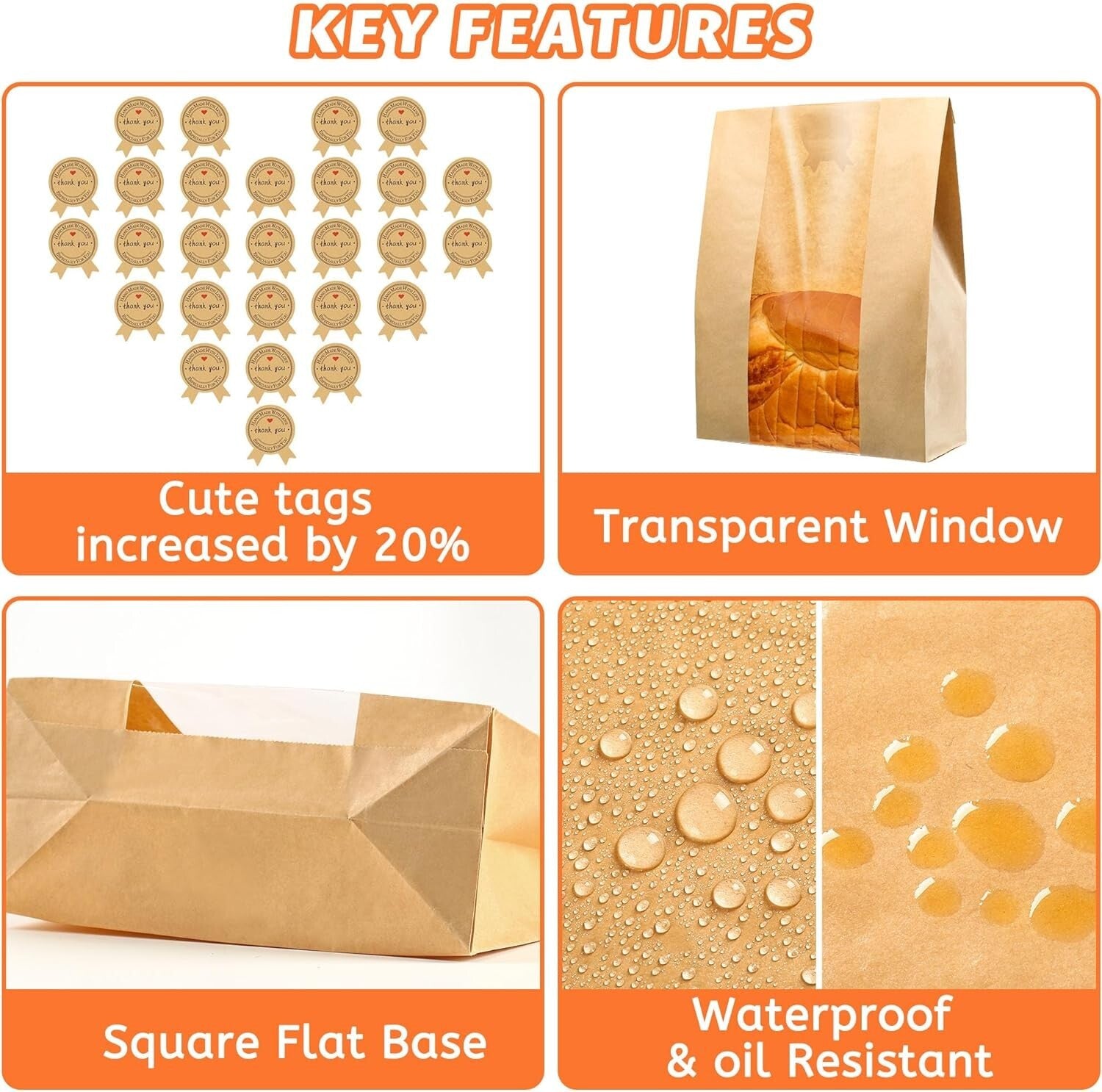 200 Pcs 50% Thicker Kraft Brown Bread Bags with Window & 210 Cute Stickers