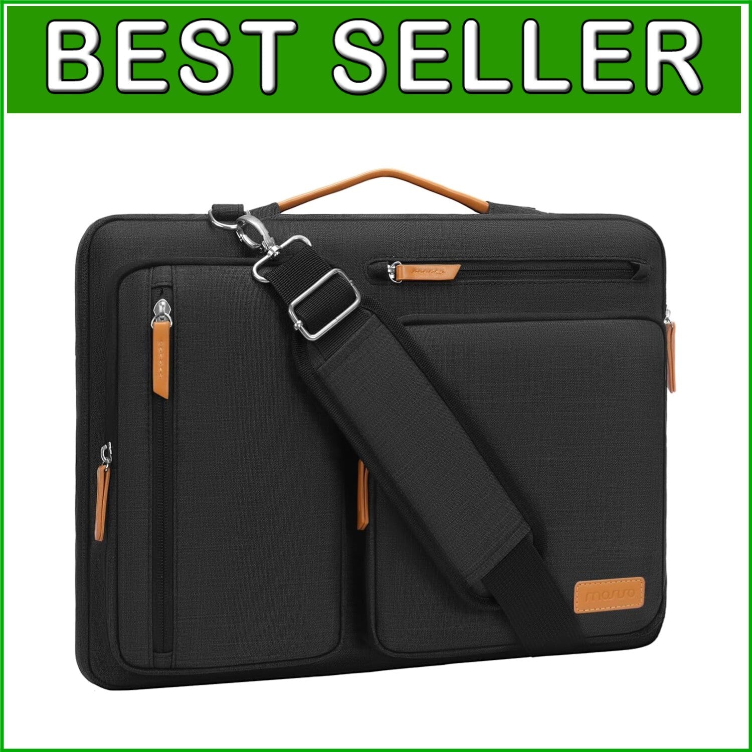 Elegant Black Laptop Shoulder Bag with Trolley Compatibility & 4 Zipper Pockets
