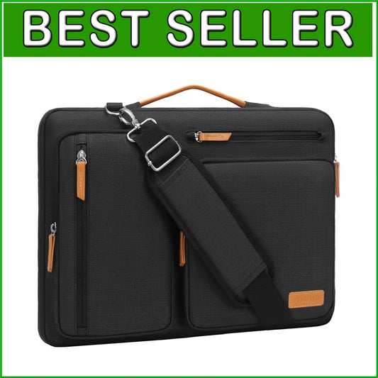 Elegant Black Laptop Shoulder Bag with Trolley Compatibility & 4 Zipper Pockets