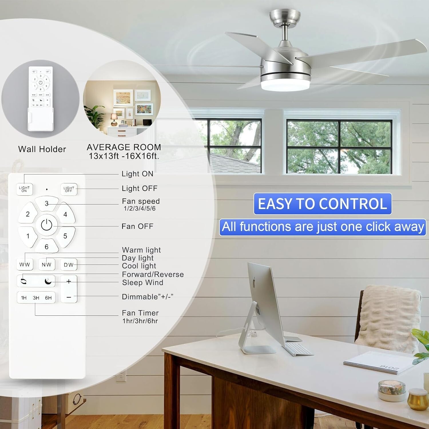 52-Inch Adjustable Ceiling Fan LED Light, 3 Color Temperatures & Remote Control
