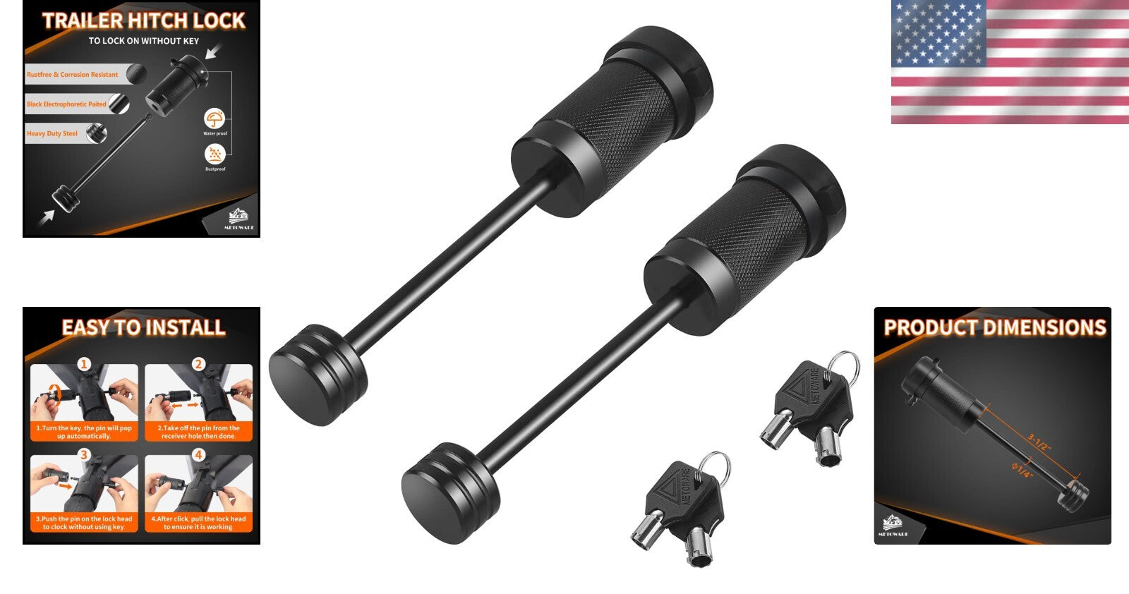 Modern Dogbone Style Trailer Coupler Lock 1/4" Dia – Easy Push-to-Lock Design