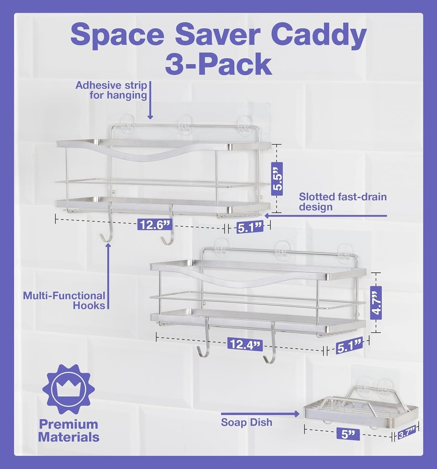 304 Rustproof Shower Caddy & Soap Holder - Adhesive Wall Mount Double Baskets