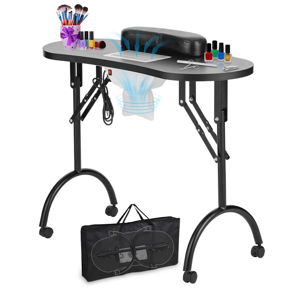 Folding Beauty Manicure Table with Safety Lock Legs & Cushion Wrist Pad, Black