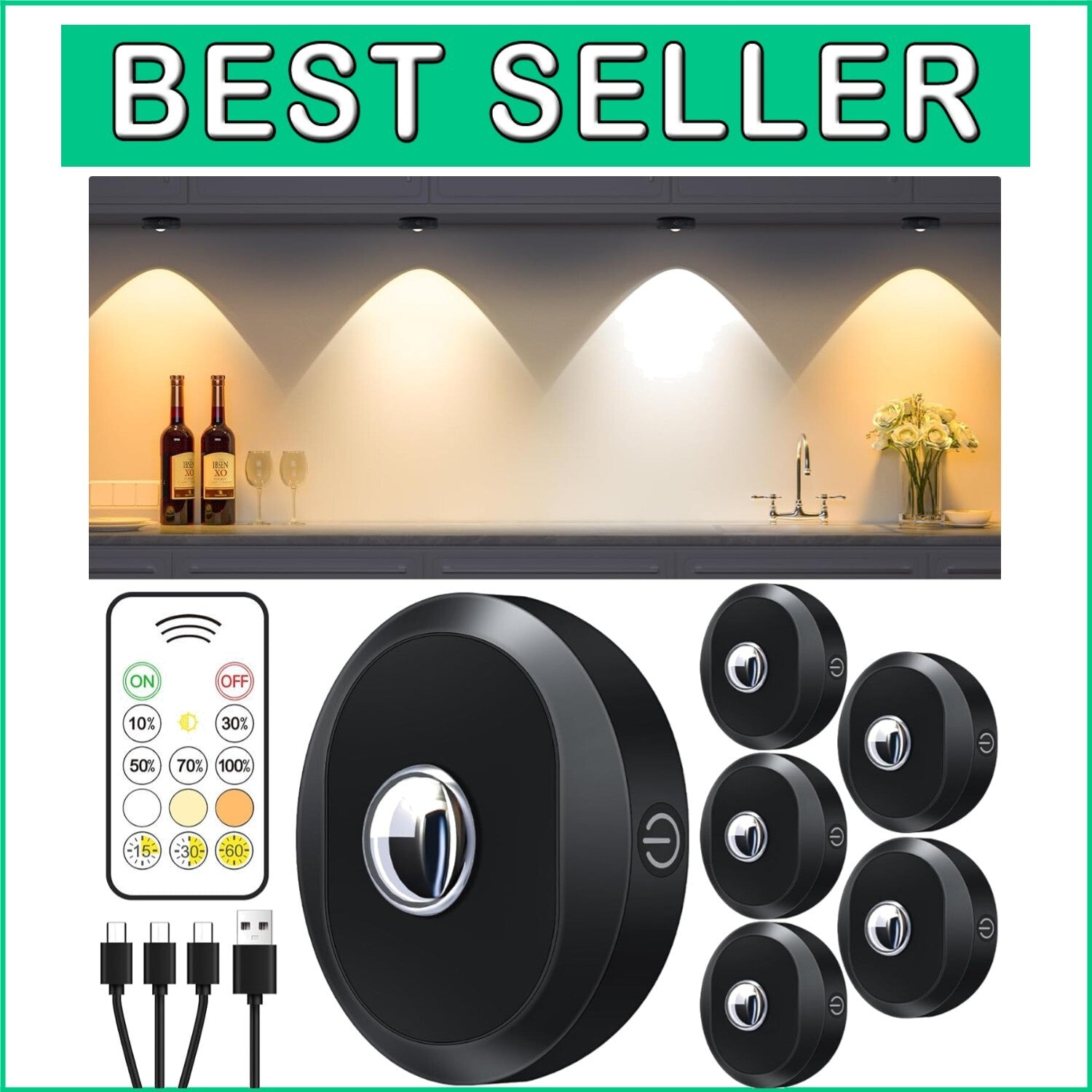 6 Pack of Dimmable Rechargeable Under Cabinet Lights with Remote Control & Timer