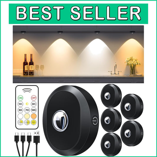 6 Pack of Dimmable Rechargeable Under Cabinet Lights with Remote Control & Timer