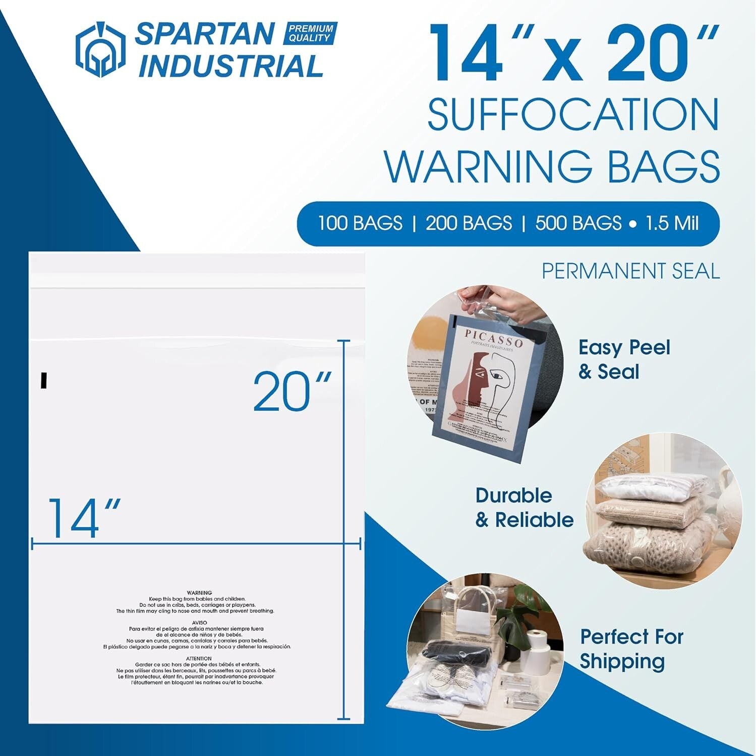 Protective 14 X 20 Clear Mailing Bags - 200 Count with Suffocation Warning
