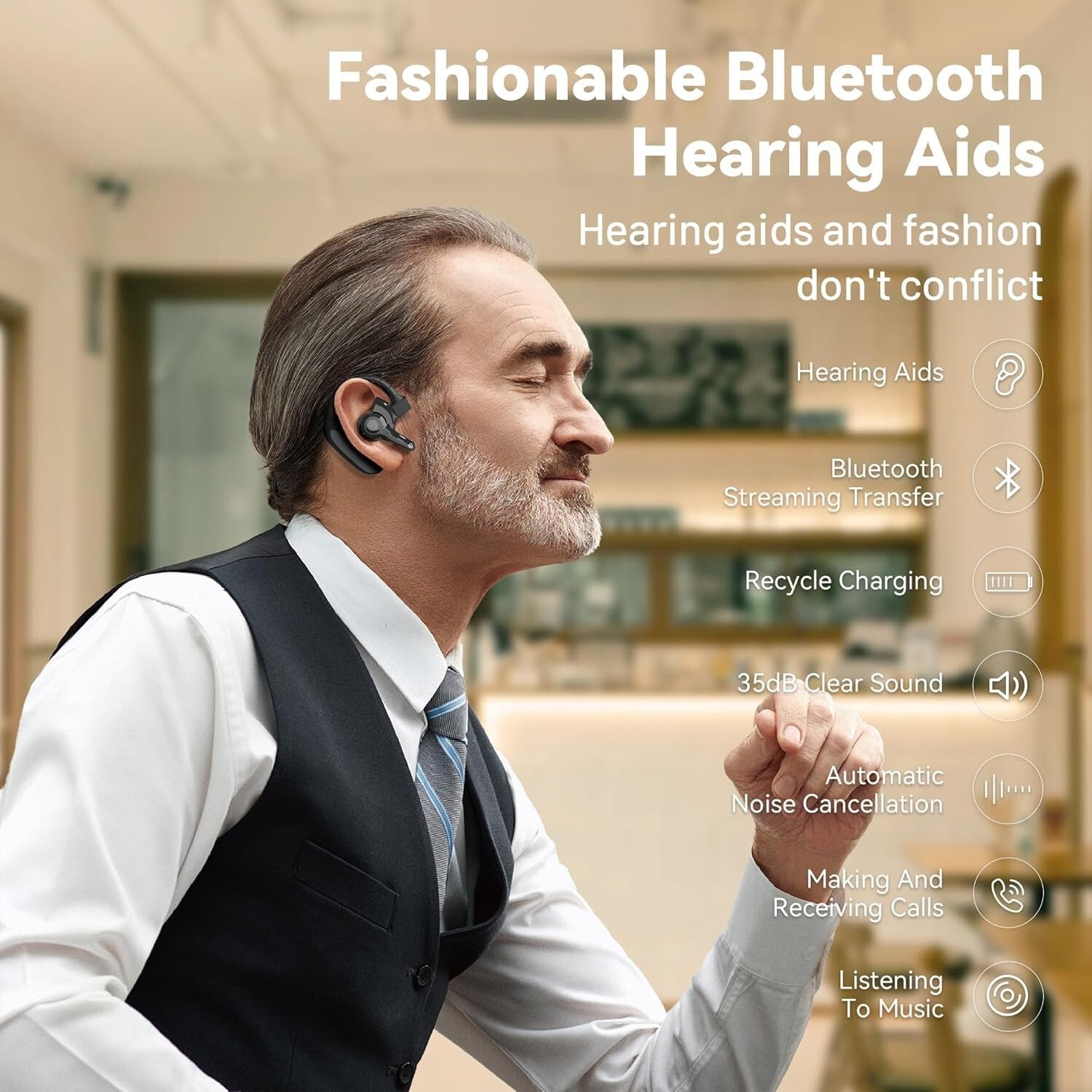 Fashionable Bluetooth Hearing Aids with Noise Cancellation - Rechargeable Model