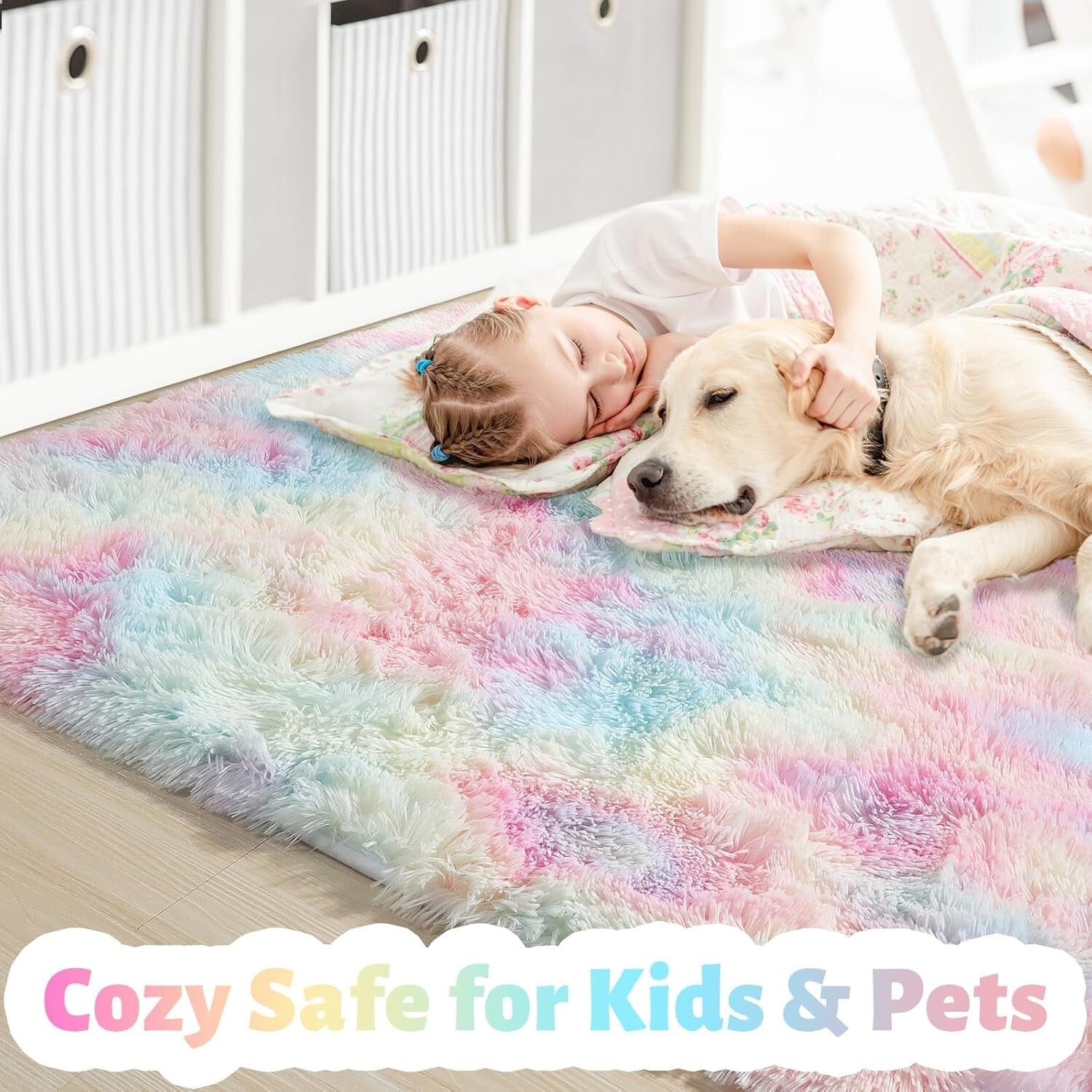 Soft Plush 5x8 Rainbow Shag Area Rug - Ideal for Girls' Playrooms & Nurseries