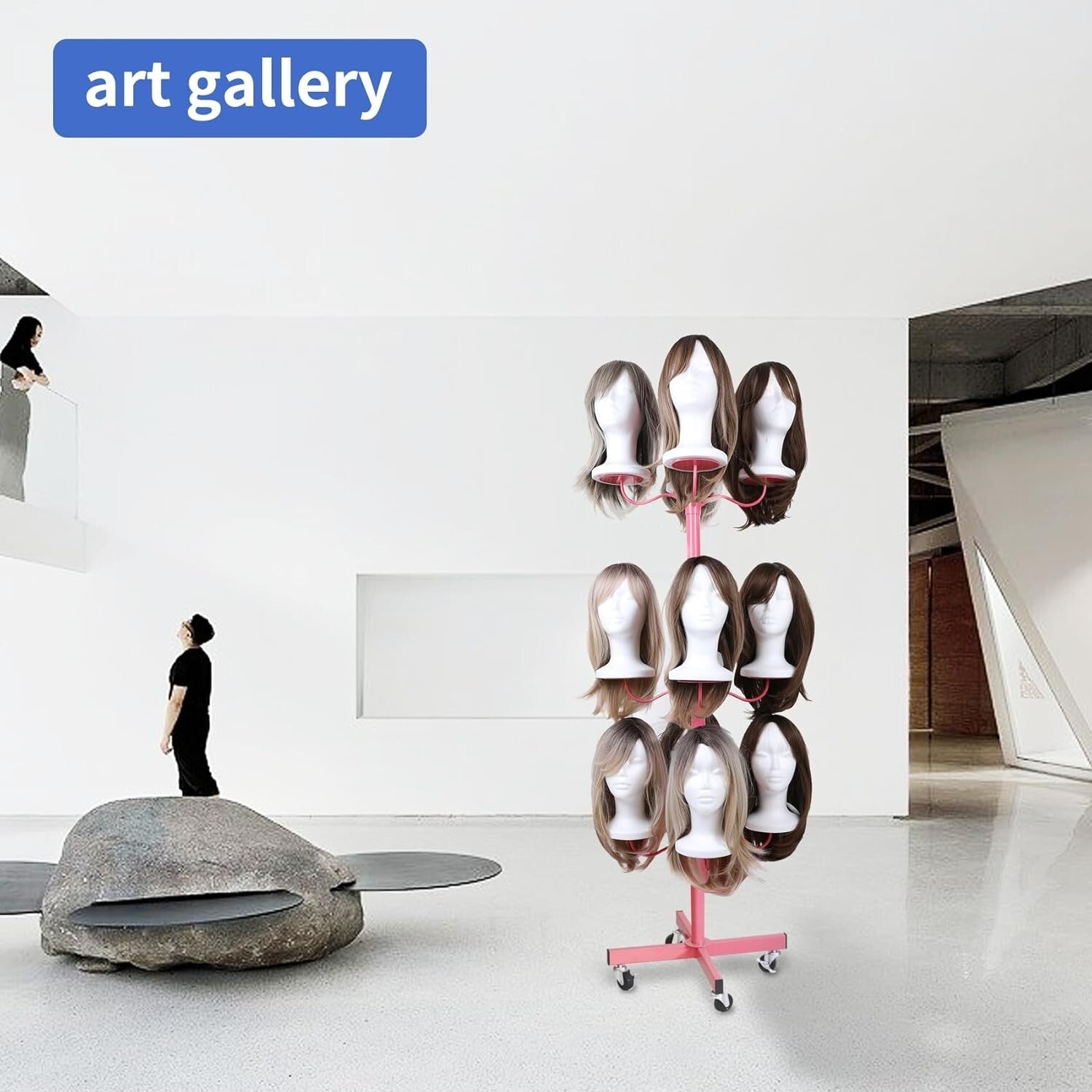 Carbon Steel Multi-Wig Holder - 12-Head Pink Styling Stand with Reinforced Base