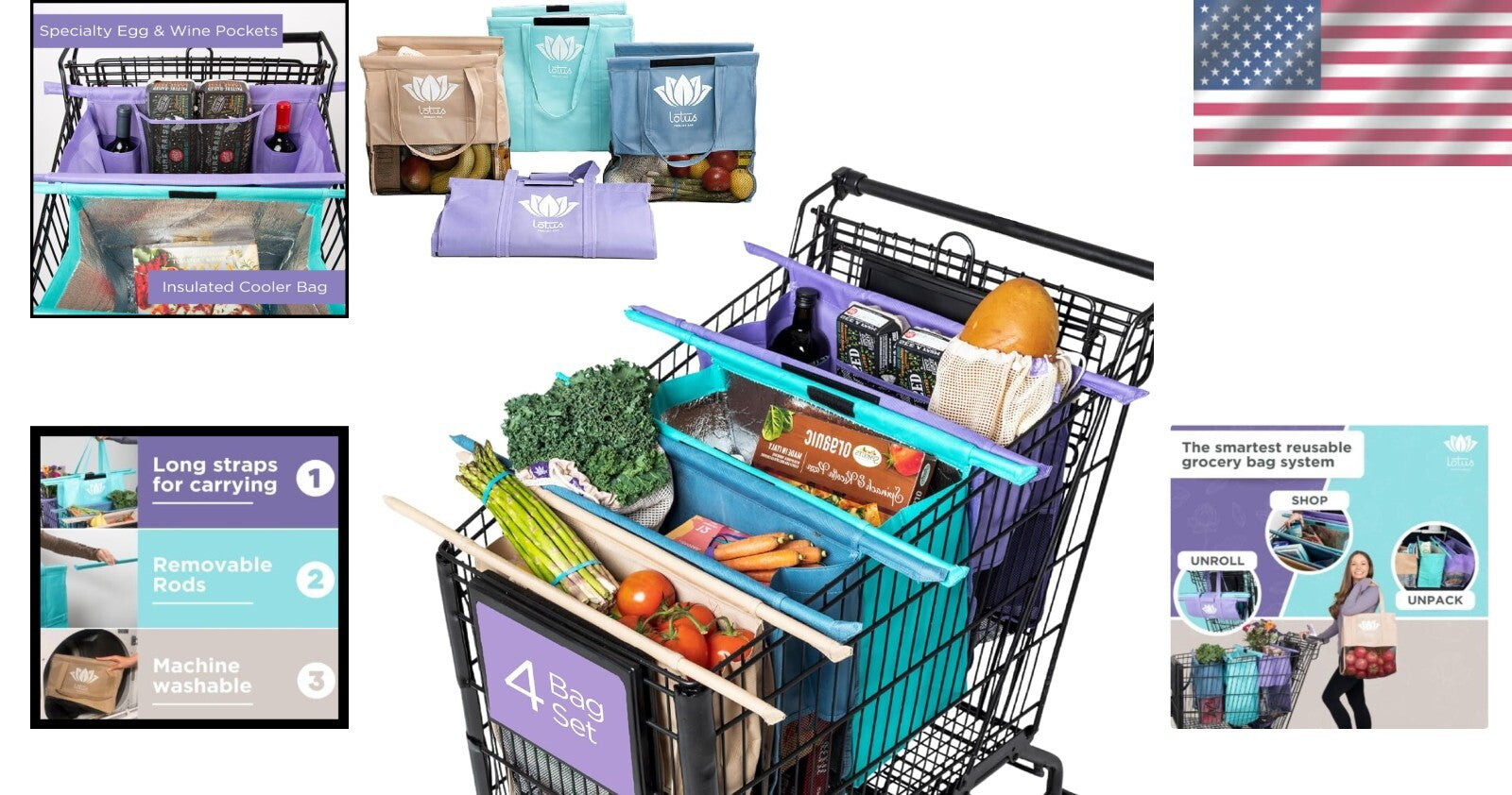 Set of 4 Vibrant Insulated Grocery Bags with Egg & Wine Holder - Eco-Friendly