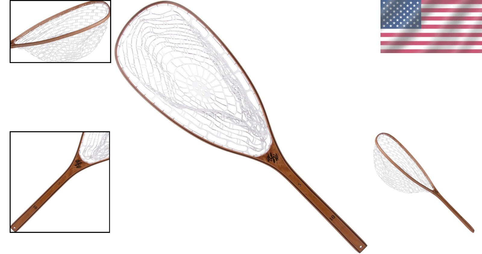 Classic 35" Burl Wood Fishing Net - Lightweight Rubber-Coated for Trout Anglers