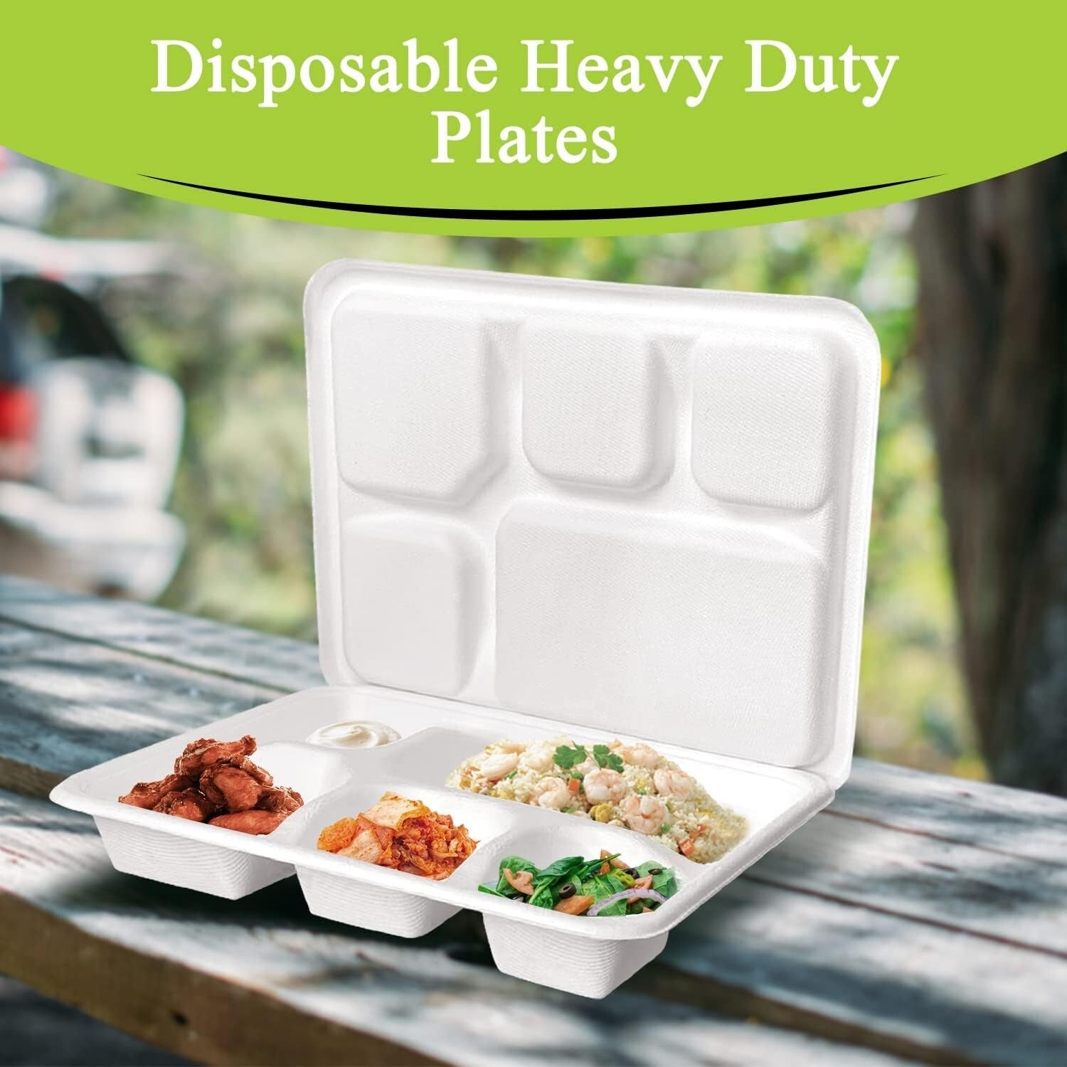 Heavy-Duty 5-Compartment Eco-Friendly Meal Tray Set - 200 Biodegradable Plates