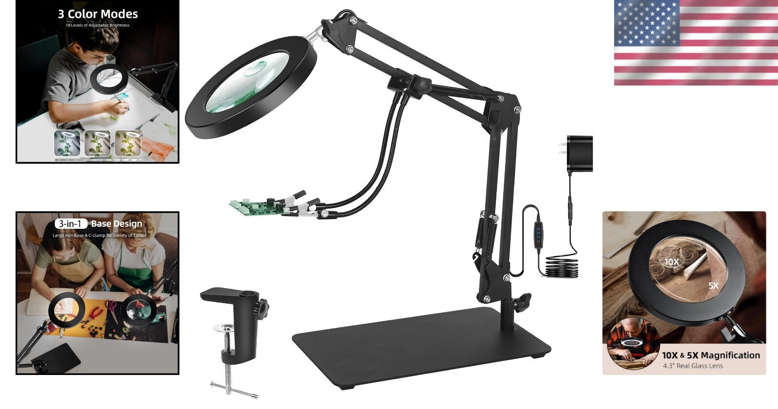 Flexible Gooseneck Magnifier with Light - 10x/5x for Easy Reading and Crafts