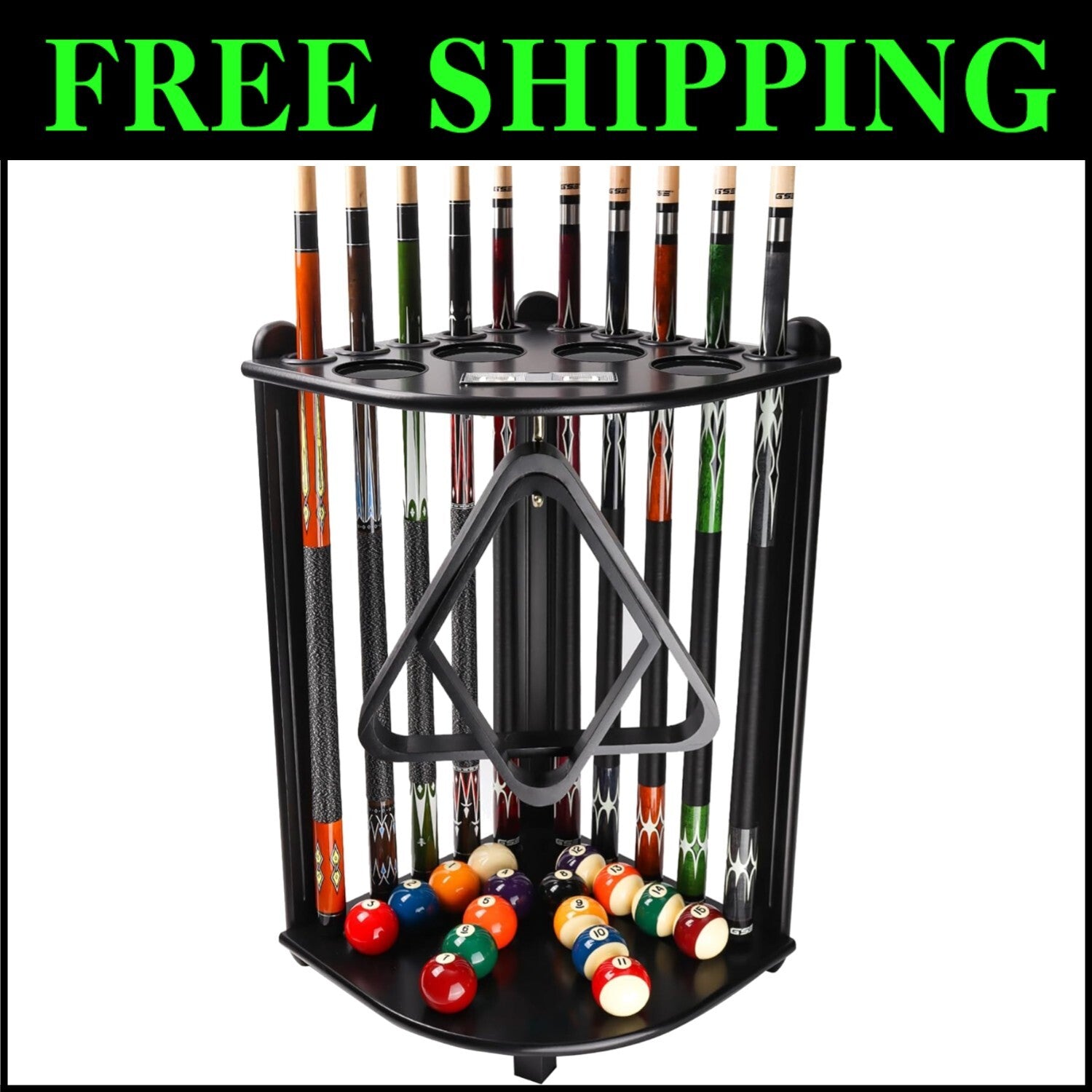 Elegant Black Wood Corner Billiard Stand with Cup Holders and Easy Installation