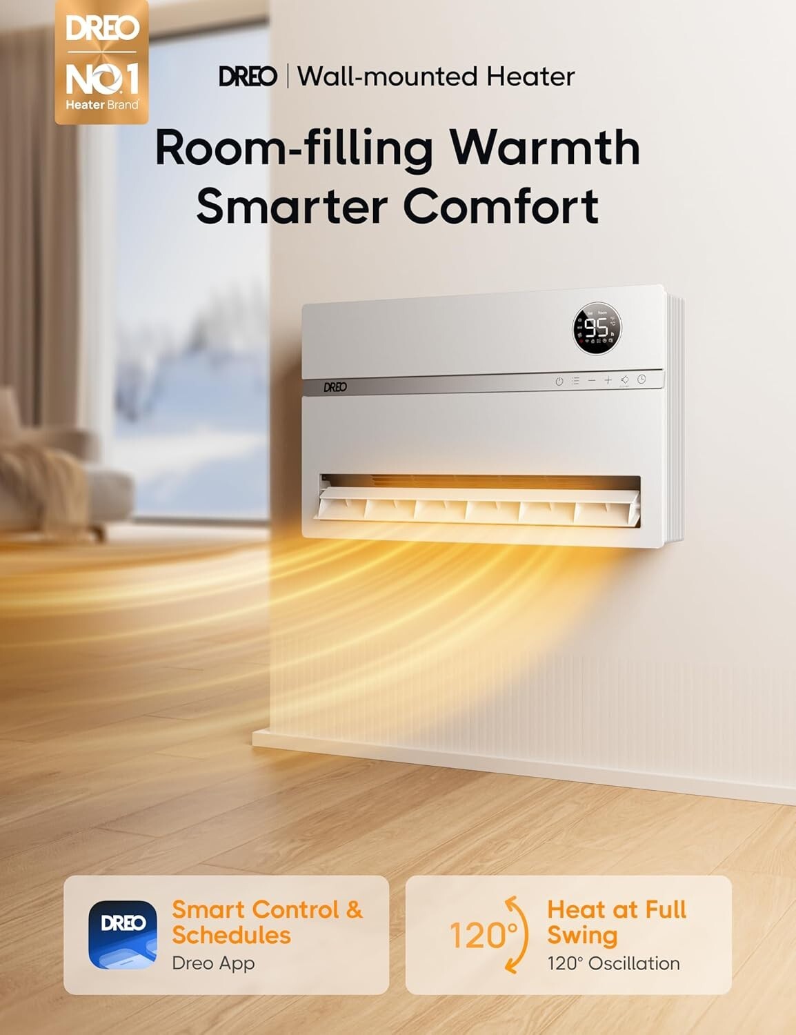 1500W Wall-Mounted Heater with 120° Oscillation & Adjustable Thermostat - WH719S