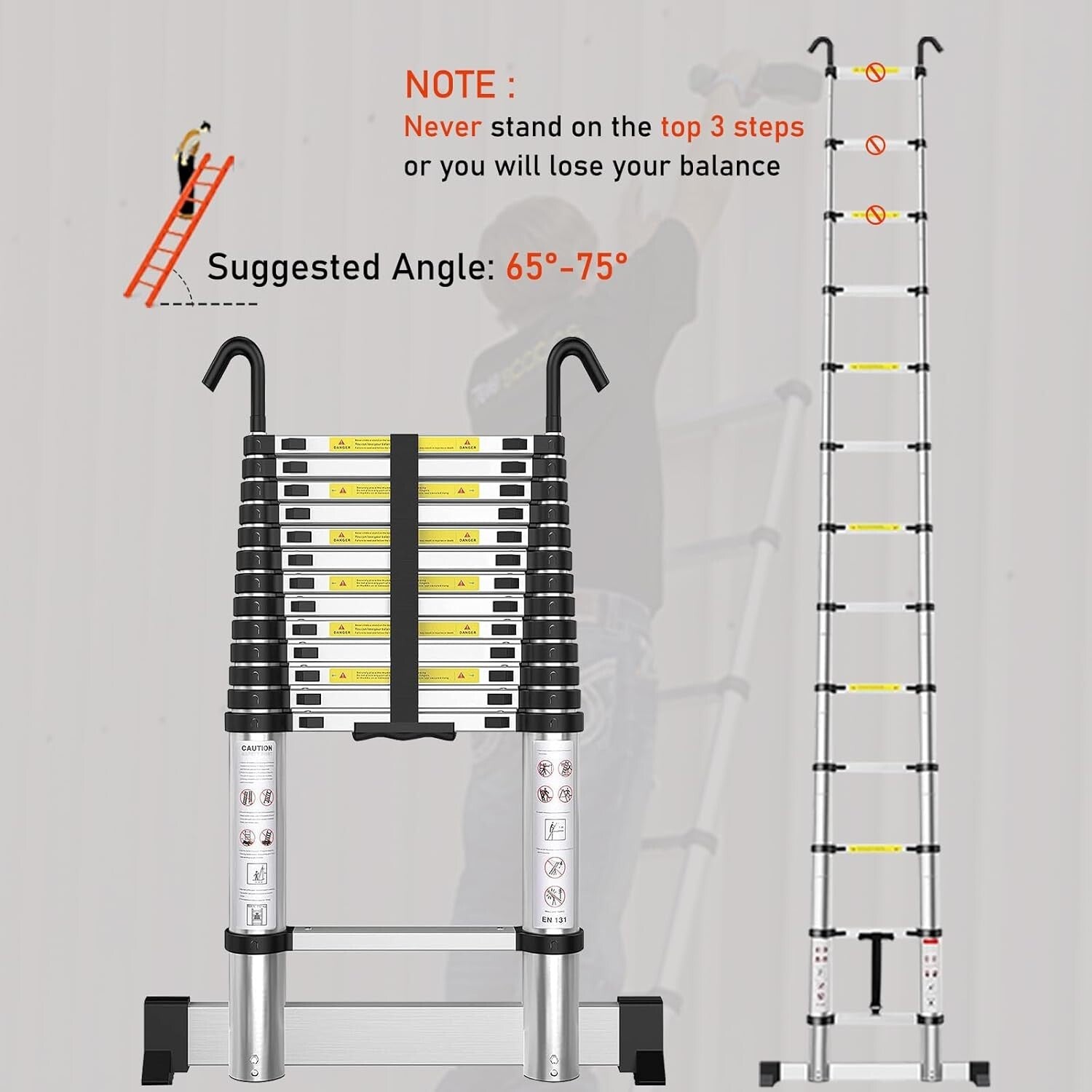 Premium Aluminum Telescoping Extension Ladder - 20FT, 330lbs Capacity, EN131
