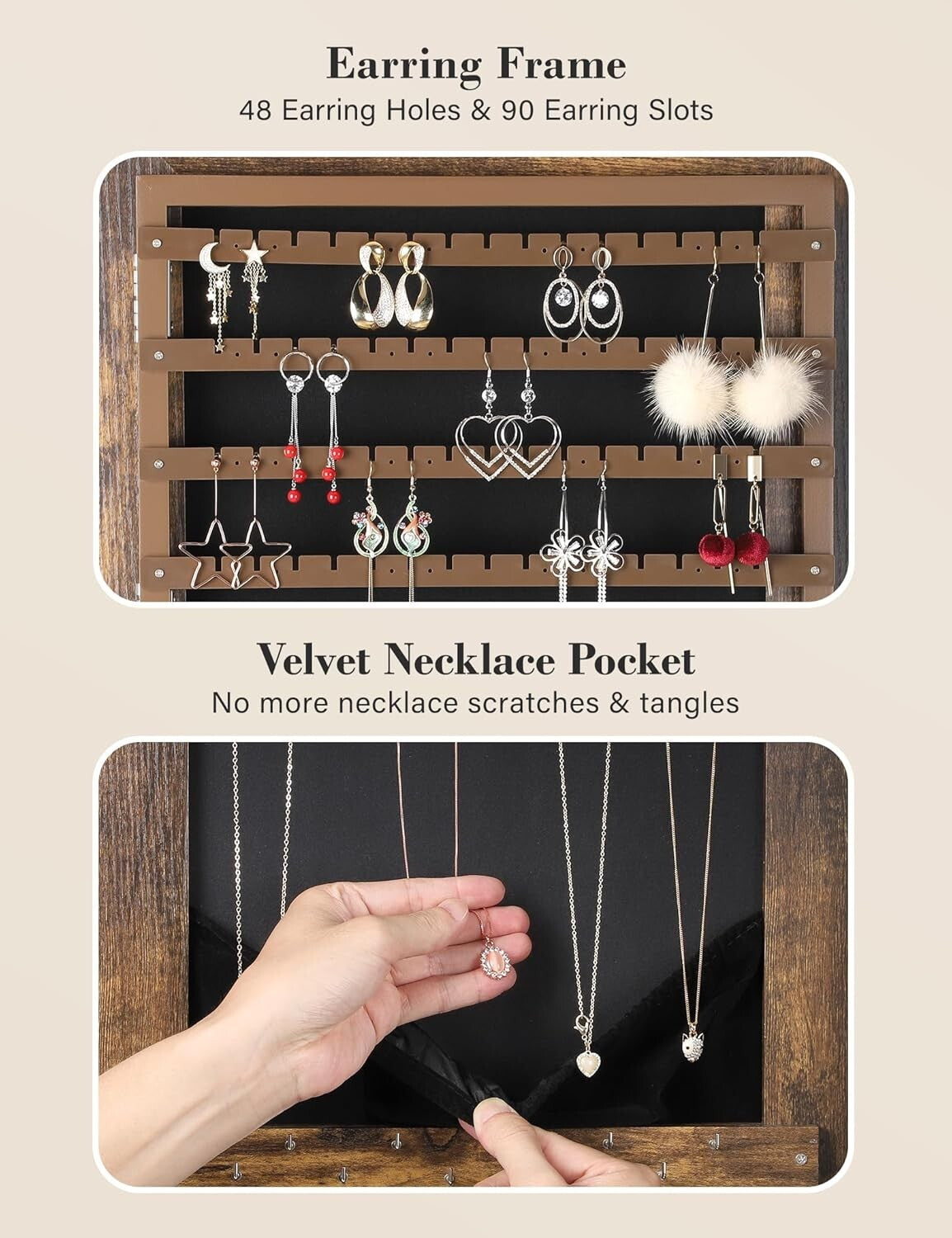 Full-Length Mirror Jewelry Cabinet with Velvet Compartments & 2 Drawers