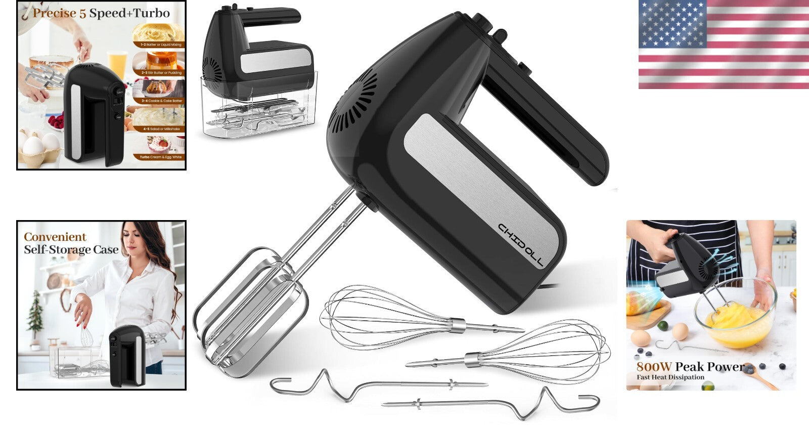 800W 5-Speed Electric Hand Mixer with Turbo and 6 Stainless Steel Attachments