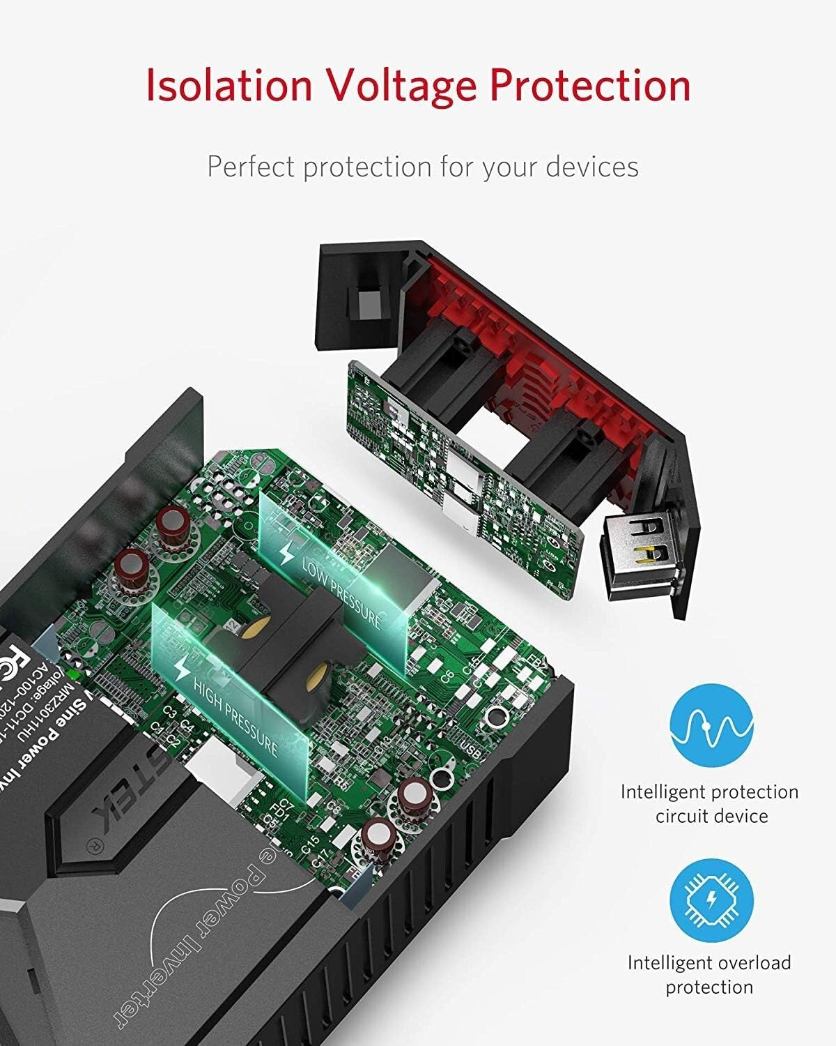 300W Vehicle Power Inverter with 2 AC Outlets and 4.8A USB Charging Power
