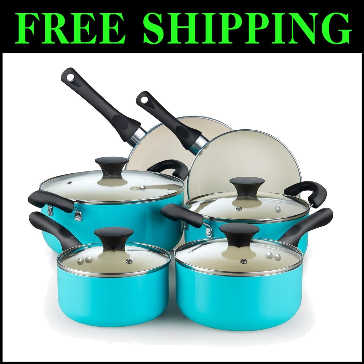 Premium 10-Piece Nonstick Cookware Set with Glass Lids in Elegant Turquoise