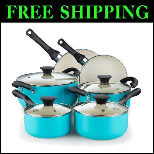 Premium 10-Piece Nonstick Cookware Set with Glass Lids in Elegant Turquoise