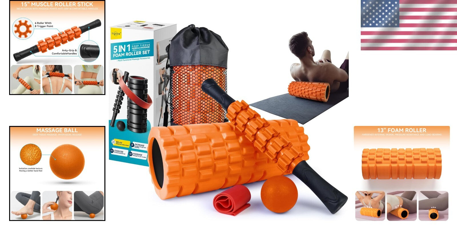 5-in-1 High-Density Foam Roller Set for Deep Tissue Muscle Relief - Orange/Black
