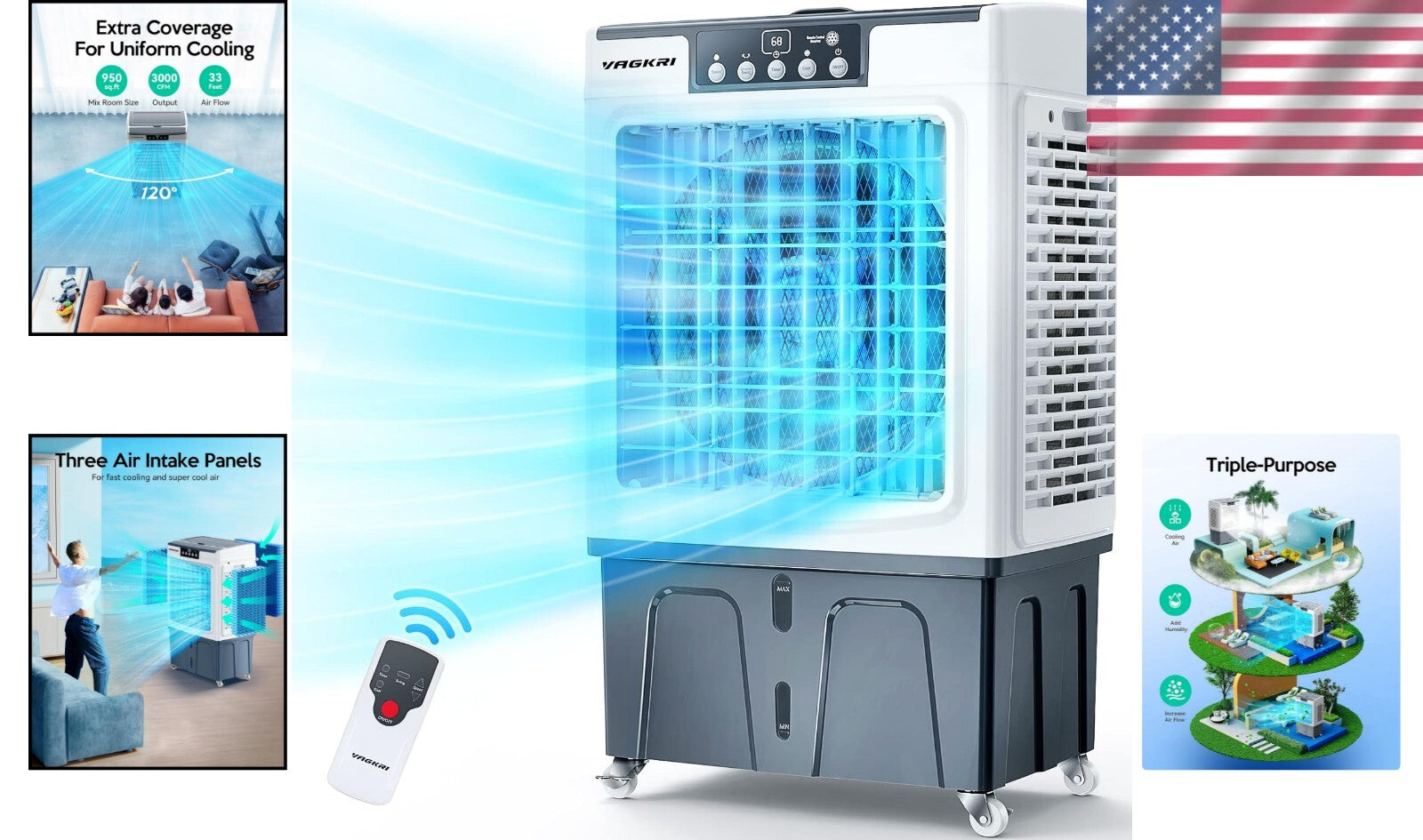 Energy-Efficient 3000 CFM Evaporative Air Cooler with Timer & Ice Packs Included