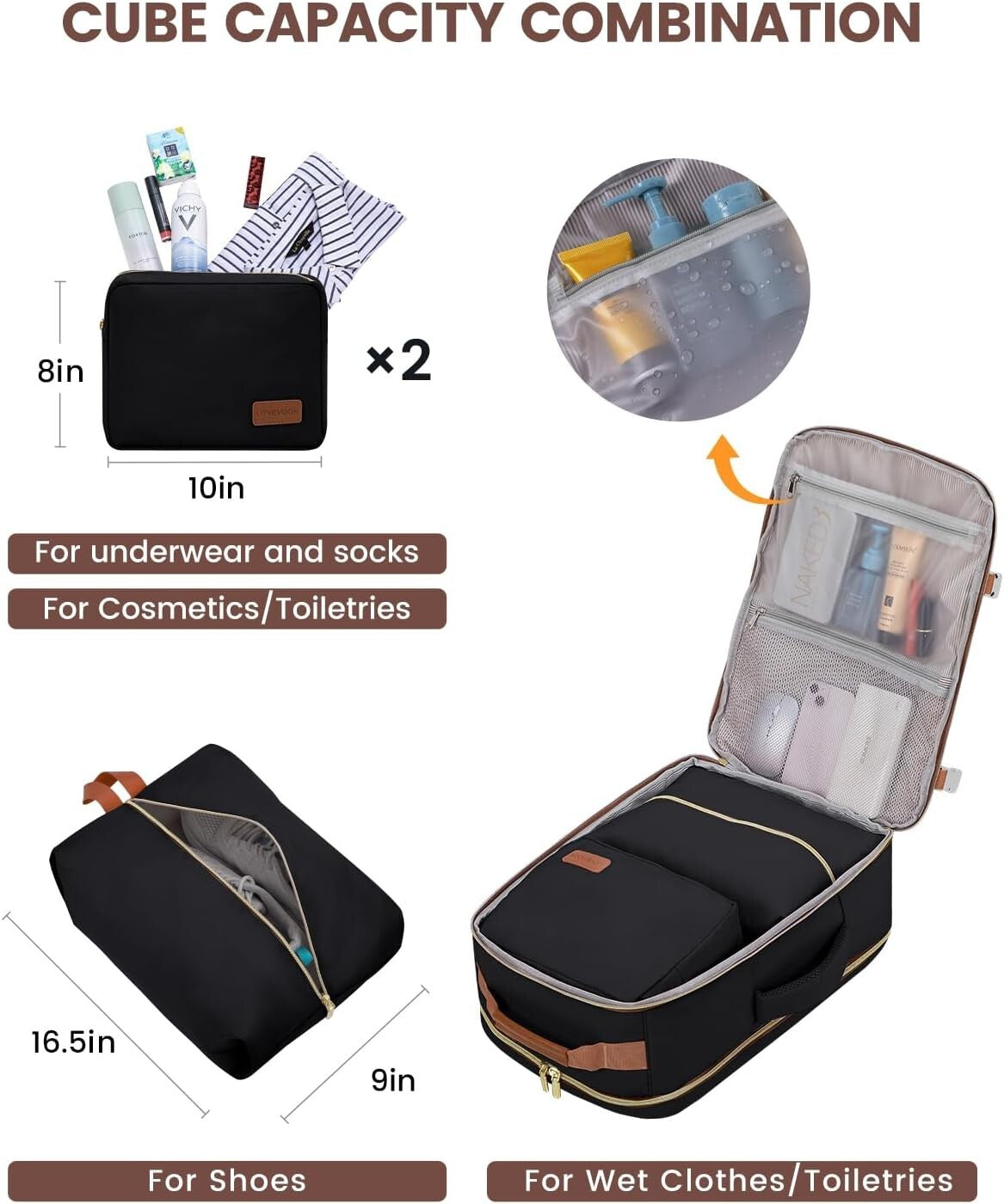 Waterproof Travel Backpack for Men & Women with 3 Packing Cubes - 40L Size