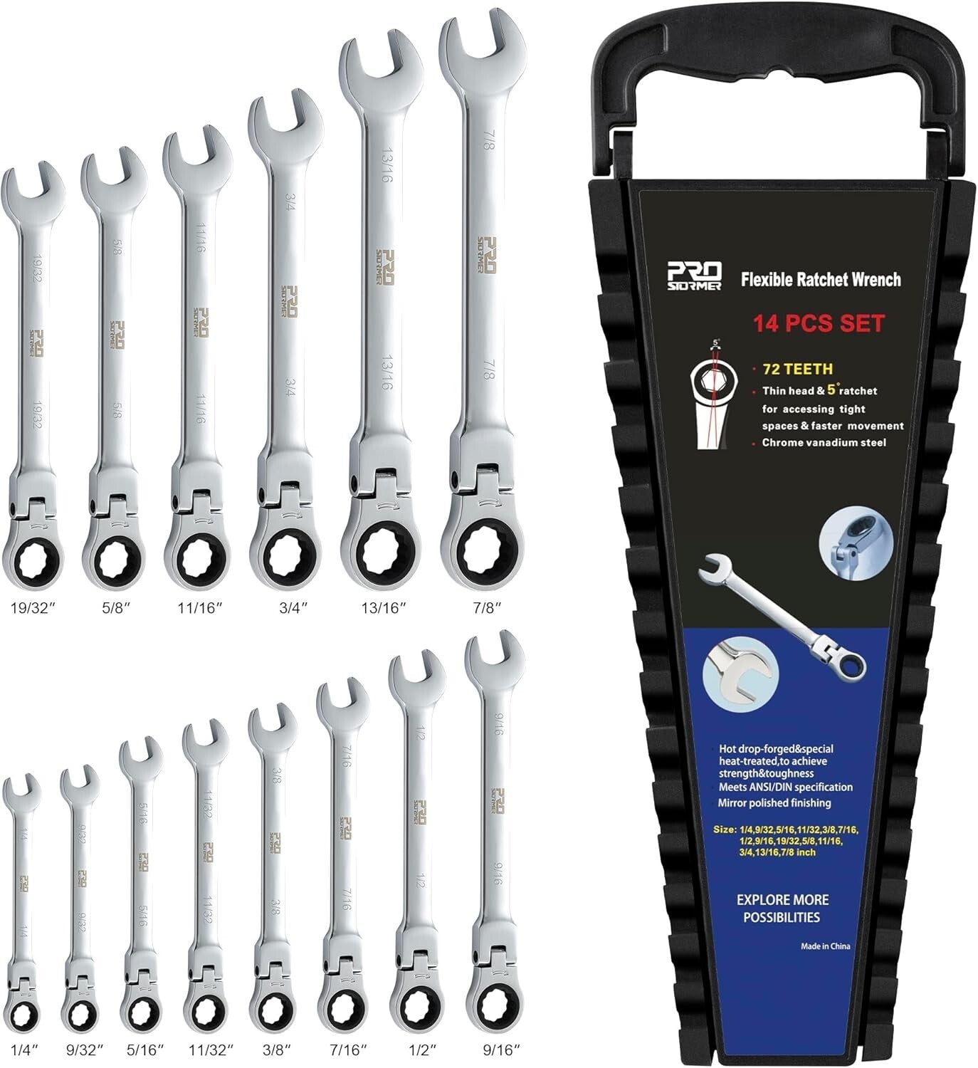Professional 14-Piece Chrome Vanadium Ratcheting Wrench Set with Flex Head