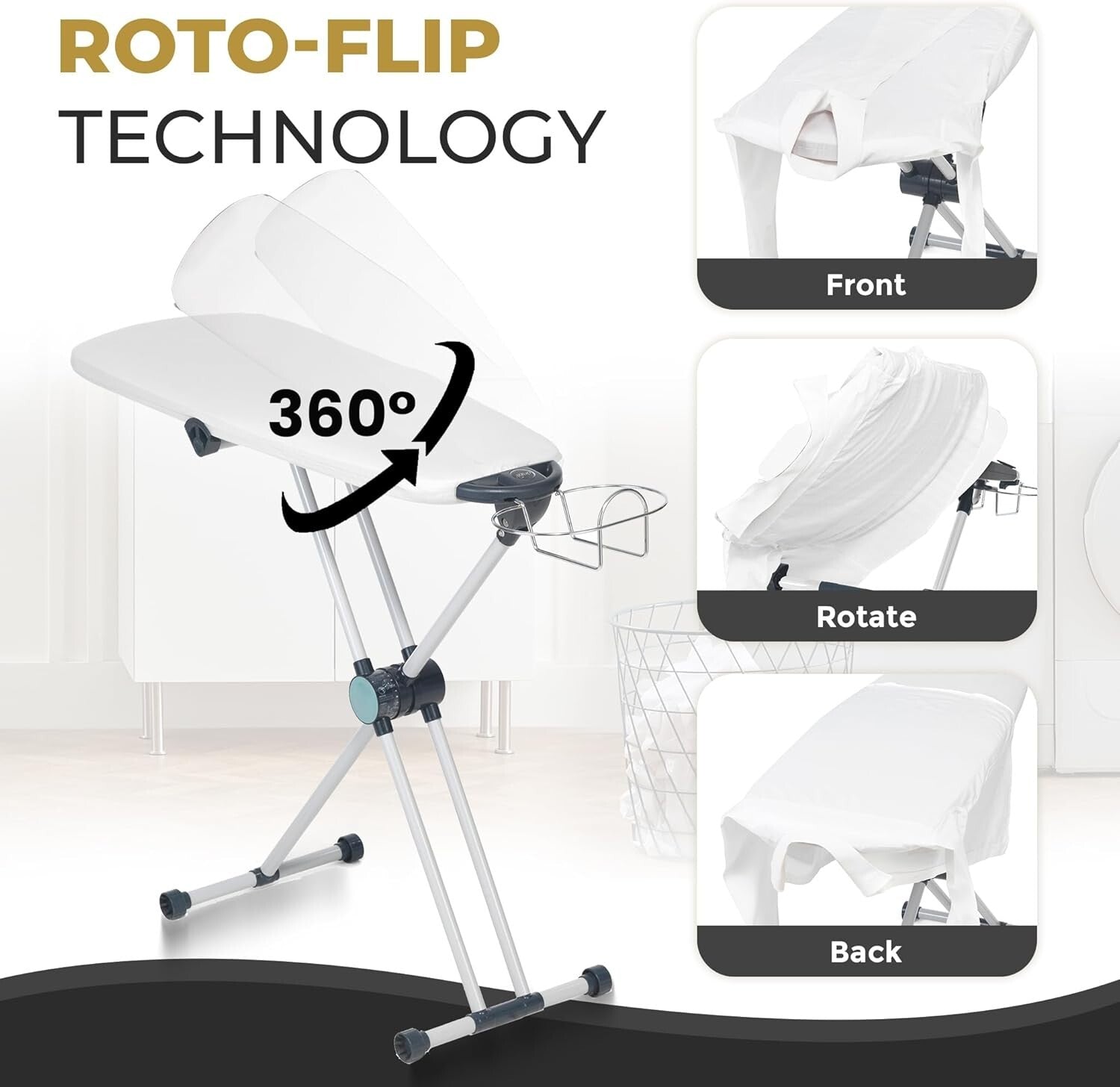 EZ20 Slim Ironing Board with 8-Level Height Adjustment & 360° Rotating Design